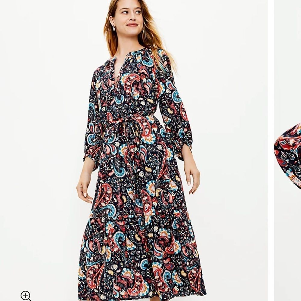 LOFT Shimmer Paisley Tie Neck Midi Dress size M
